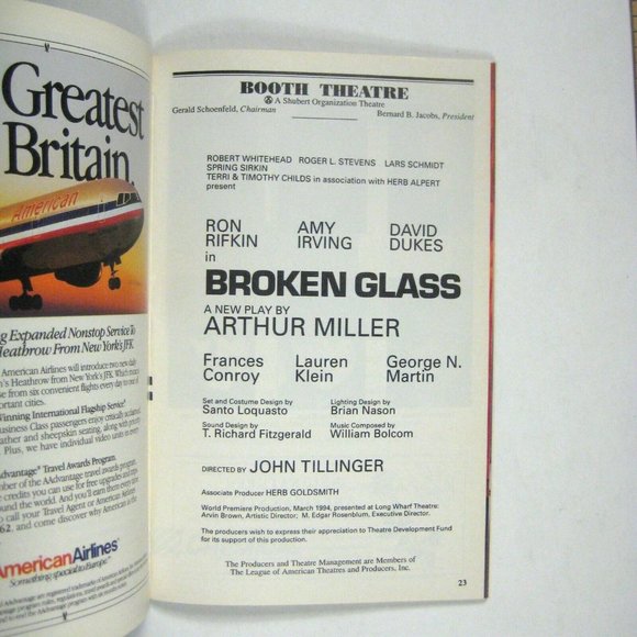 Broken Glass Playbill May 1994 Arthur Miller Ron Rifkin Amy Irving David Dukes - Picture 3 of 7